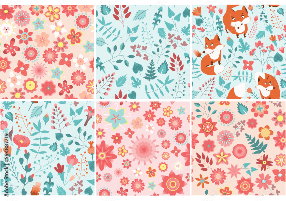 Fototapeta premium Set of seamless flower patterns vector design for fashion, fabric, kids, wallpaper and all prints. Cute patterns in small flowers. Small spring, colorful flowers.