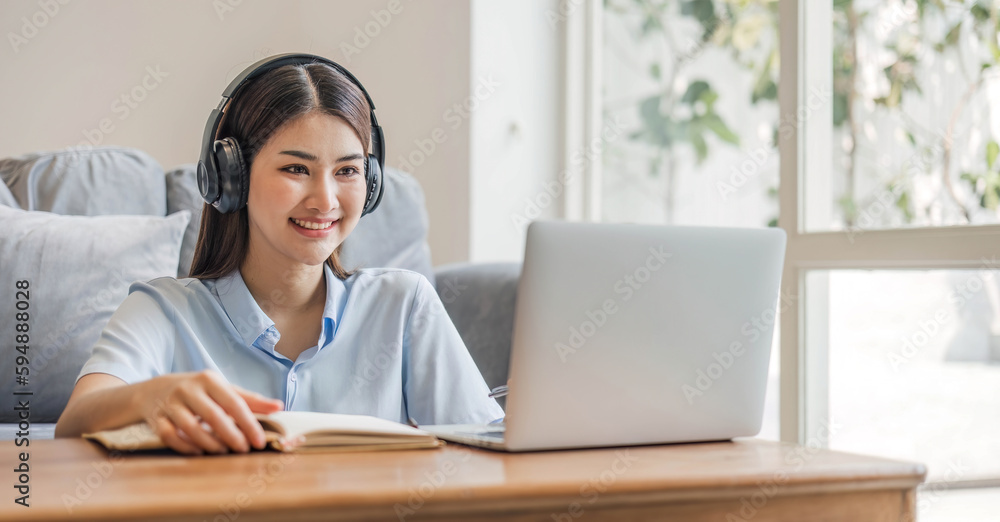Asian girl student online learning class study online video call zoom teacher, Happy asian girl learn english language online with computer laptop.. Asian girl student online learning class study online video call zoom teacher, Happy asian girl learn english language online with computer laptop..