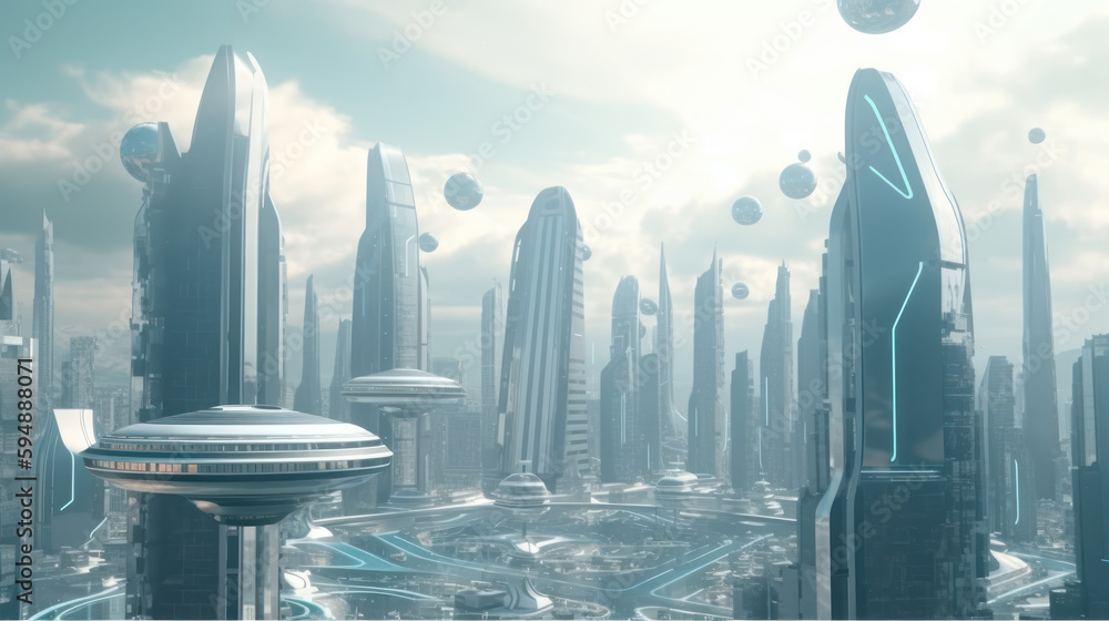 A futuristic city skyline with flying cars, Generative AI