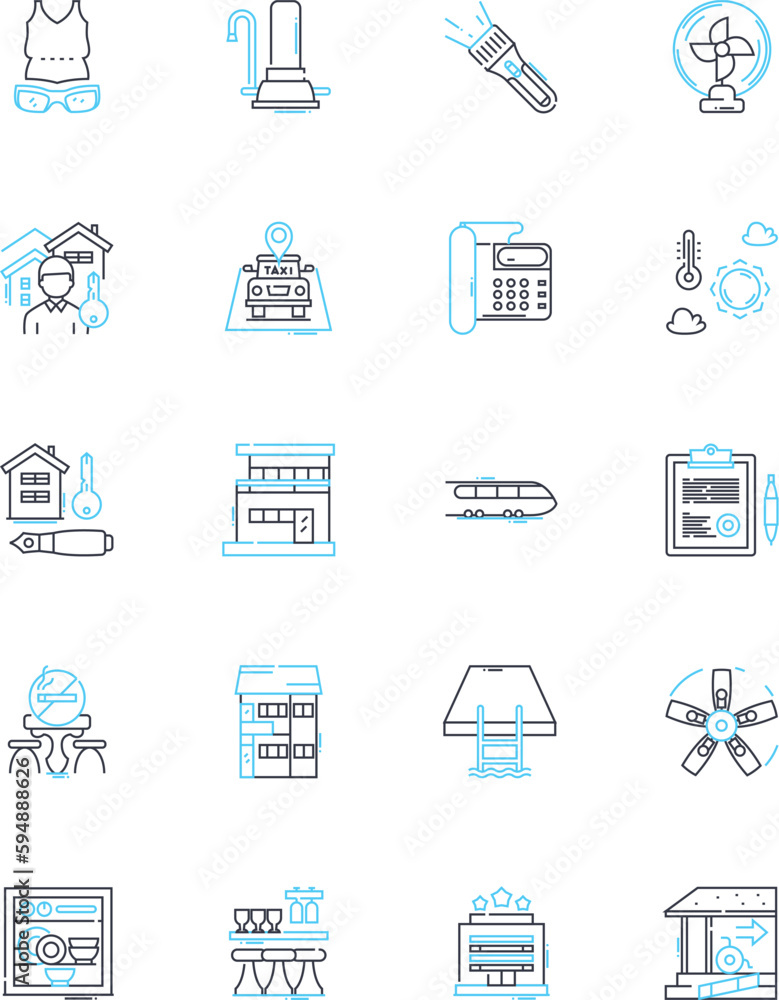 Budget motels linear icons set. Affordable, Economy, Basic, Simple, Cheap, Convenient, Modest line vector and concept signs. Bargain,Value,Spartan outline illustrations Budget motels linear icons set. Affordable, Economy, Basic, Simple, Cheap, Convenient, Modest line vector and concept signs. Bargain,Value,Spartan outline illustrations
