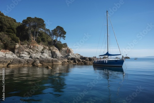 Blue Yacht Anchored At Rias Baixas, Galicia, Spain. Generative AI photo