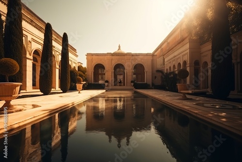 A Pool In A Courtyard With A Fountain And Trees In The Background Old European Palace Courtyard Travel Photography Landscape Architecture Generative AI
