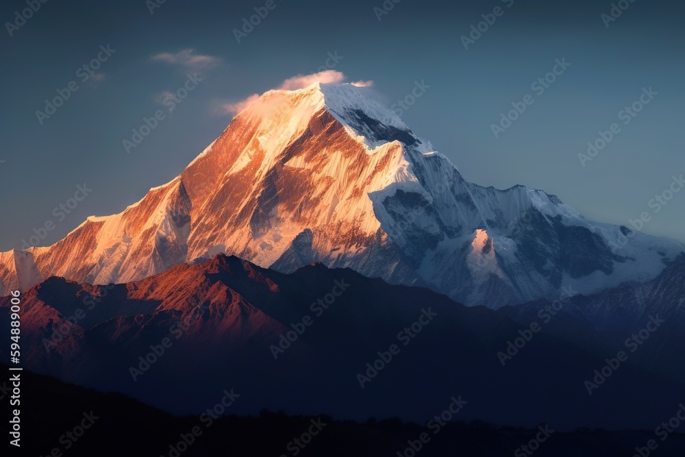 A Mountain With A Snow Covered Peak In The Background At Sunset Himalayan Peak Landscape Photography Mountains Generative AI
