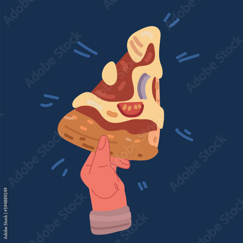 Vector illustration of Hand with triangle pizza slice. Fingers holding, taking Italian fast food piece, snack with pepperoni sausage, cheese.