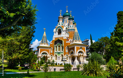 Cathedrale Saint Nicolas Orthodox Russian church of Moscow Patriarchate in historic Le Piol district of Nice on French Riviera Azure Coast in France photo