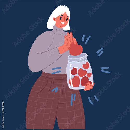 Vector illustration of woman collects a hearts in glass jar. Save love concept for Valentines Day concept. Likes in social media