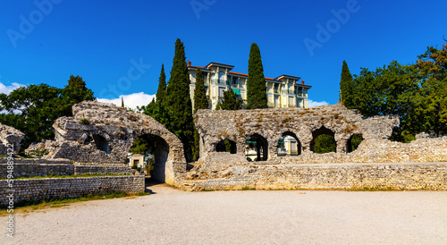 Ancient Roman Amphitheater in Cemenelum archeological excavation site in Cimiez district of Nice on French Riviera Azure Coast in France photo