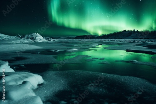 beautiful big lake covered with ice, polar lights shining in the sky created with Generative AI technology