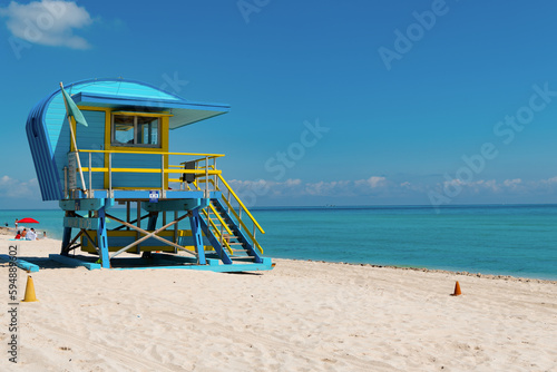 blue lifeguard at miami beach with copy space. lifeguard at miami beach in summer. © be free