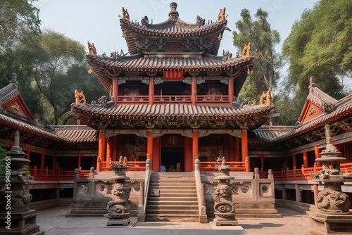 A Building With A Lot Of Statues In Front Of It And A Lot Of Trees Temple Travel Photography Chinese Culture Generative AI