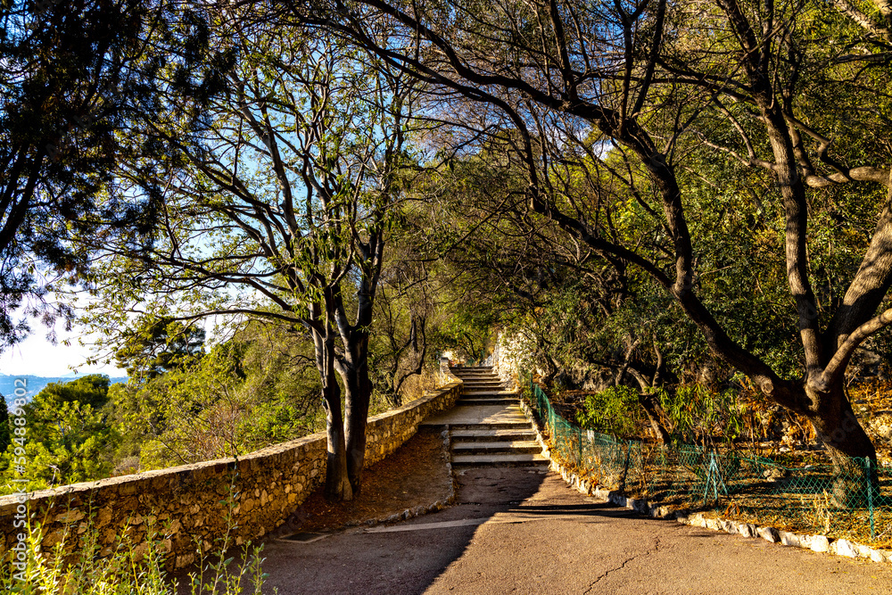 Sunset view of Colline du Chateau Castle Hill park in Nice over French Riviera of Mediterranean Sea in France