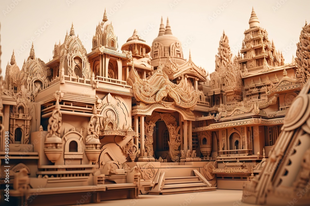A Large Group Of Carved Wooden Buildings With A Sky Background In The Background Temple Wood Carving Architectural Design Generative AI