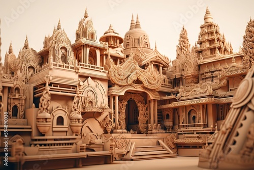 A Large Group Of Carved Wooden Buildings With A Sky Background In The Background Temple Wood Carving Architectural Design Generative AI