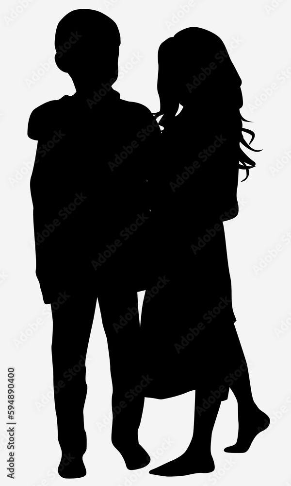 Happy holding young girl and his friend young boy silhouettes, teenager's couple together,concept vector illustration
