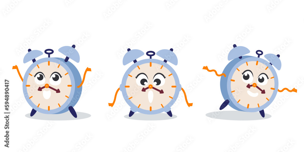Alarm clock in different poses. Fictional character in cartoon style. Alarm clock in different poses. Fictional character in cartoon style.