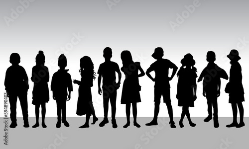 Cheerful crowd of children silhouettes, Happy boys and girls in full growth concept vector illustration