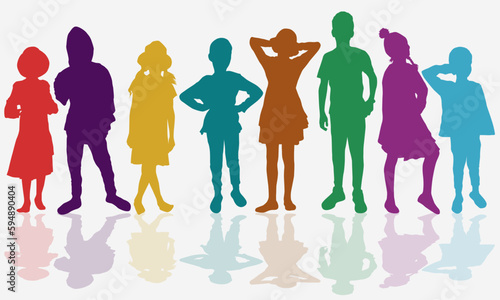 Cheerful crowd of children silhouettes  Happy boys and girls in full growth concept vector illustration