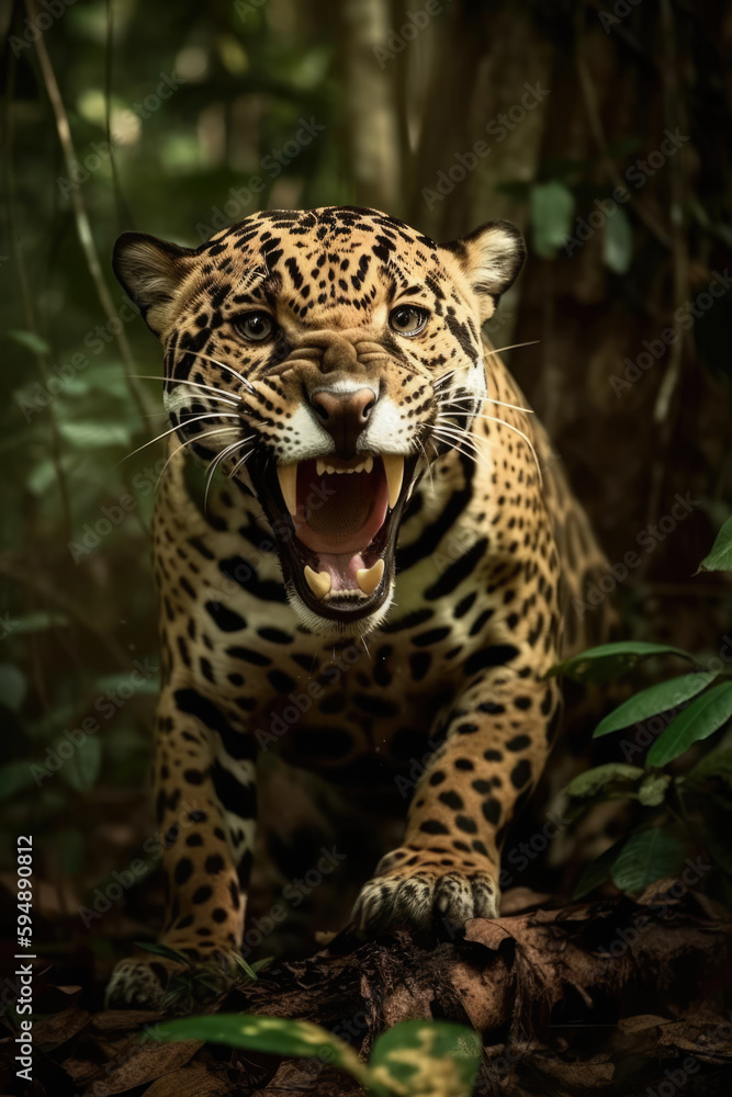 Fototapeta premium Wild Jaguar panthera roaring aggressively. Jungle forest running generative ai