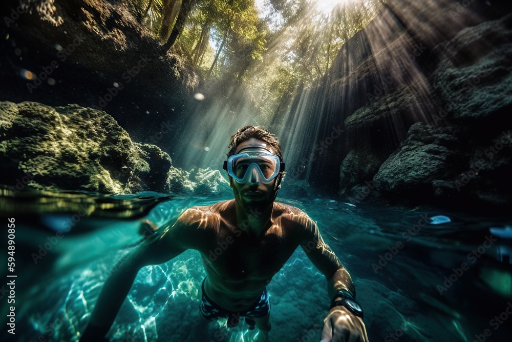 Obraz premium A Man Swimming In A River With A Mask On His Face Underwater Cave Underwater Photography Underwater Photography Generative AI