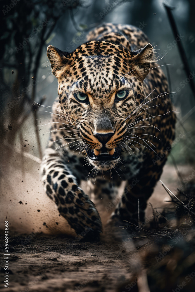 Fototapeta premium Wild Leopard panthera roaring aggressively. Jungle forest running generative ai