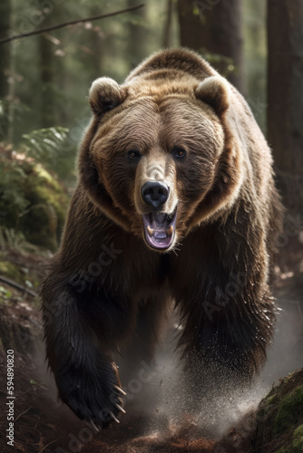 Brown bear in the wild. Kamchatka Forest. Wild Grizzle bear roaring aggressively running towards camera generative ai © Roman