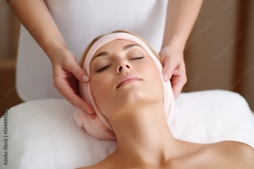 Beautiful woman receiving treatment at spa. Head massage at beauty spa. Skin rejuvenation concept. Digital ai art