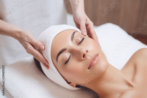 Beautiful woman receiving treatment at spa. Head massage at beauty spa. Skin rejuvenation concept. Digital ai art