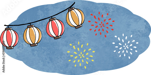 夏祭りの提灯と打ち上げ花火の手描きイラスト素材