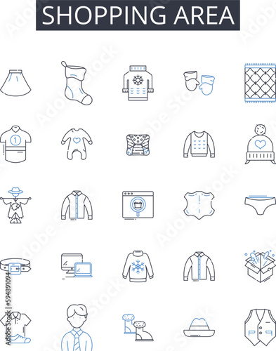 Shopping area line icons collection. Retail district, Commercial z, Business district, Shopping center, Market district, Trade precinct, Shopping precinct vector and linear illustration. Shopping hub