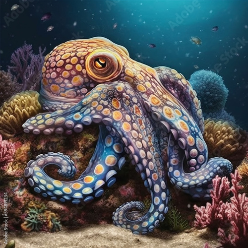 A octopus, underwater corals and fishes. Generative AI © Dushan
