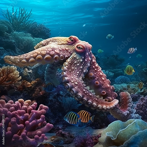 A octopus, underwater corals and fishes. Generative AI