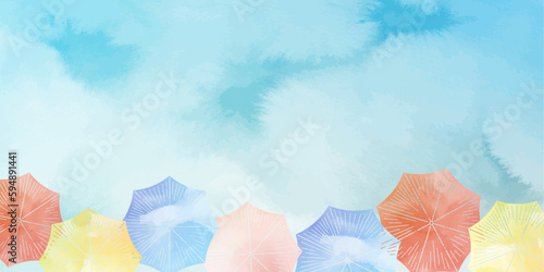水彩風の雨の日のカラフルな傘の背景イラスト_フラットレイ