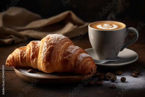 a freshly-baked croissant, with a cup of hot coffee