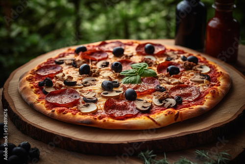 A delicious-looking pizza, with toppings like pepperoni, mushrooms, and olives, on a wooden board