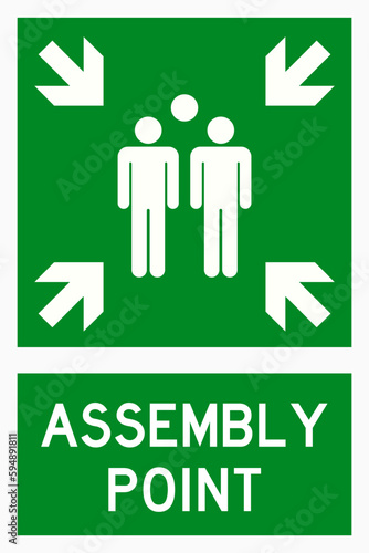 isolated emergency exit assembly point, fire safety symbols on green rectangle board notification sign for pictograms, icon, label, logo or package industry etc. flat style vector design.