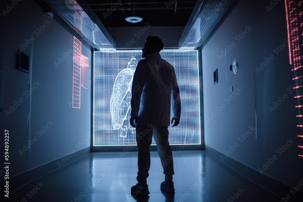 A Man Standing In A Dark Room With A Projection Of A Brain Science Museum Video Art Medical Imaging Generative AI