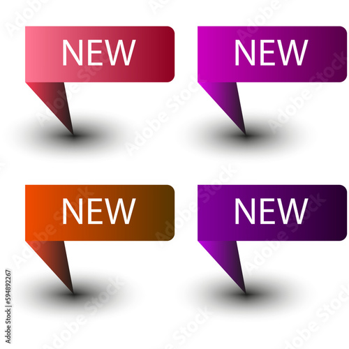 New set of banners, icons. Design of labels, tags, flags from red ribbons. Stickers, shopping tags for sale. New collection, discount. Vector illustration.