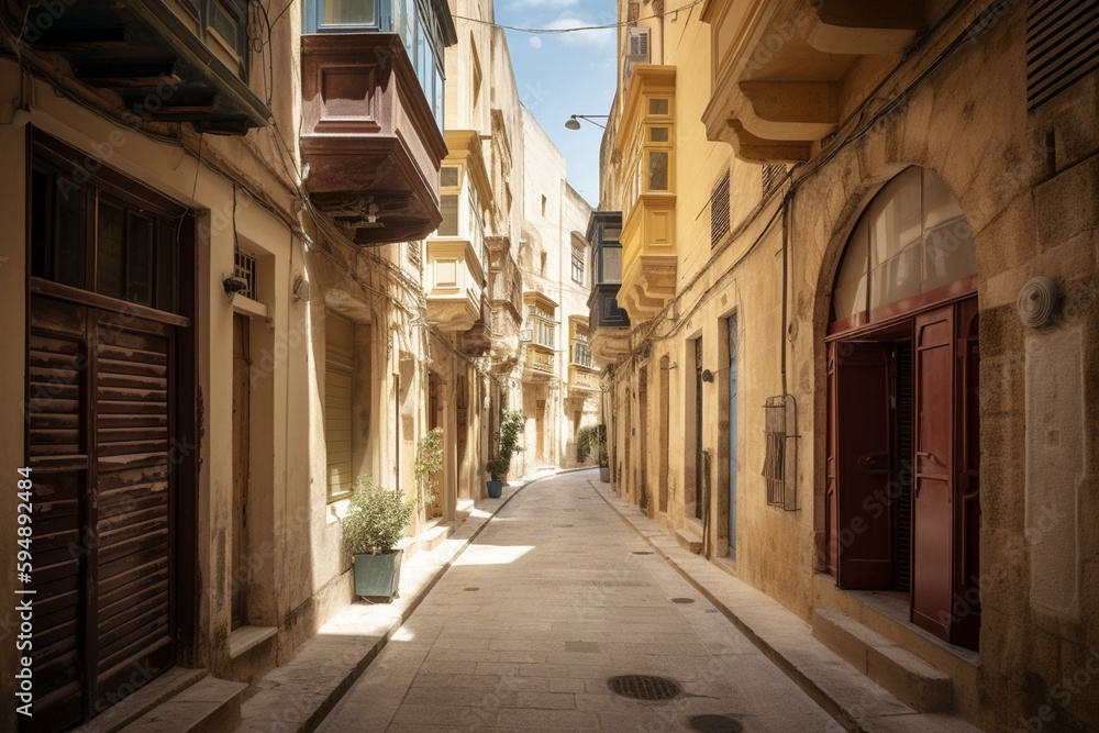 Narrow street in city centre of Valletta, Malta. Generative AI