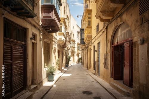 Narrow street in city centre of Valletta  Malta. Generative AI