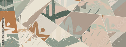 Abstract collage asymmetric pattern. Digital freehand art, grunge texture. Vector patchwork quilt background. Decorative elements, brush strokes ornament for flyer, poster, cover, textile fabric print