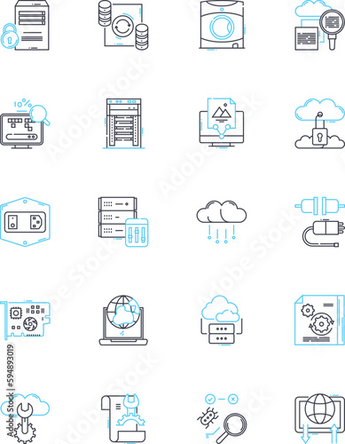 Tech devices linear icons set. Smartph, Tablet, Laptop, Computer, Smartwatch, Fitness-tracker, Earbuds line vector and concept signs. Keyboard,Mouse,Printer outline illustrations