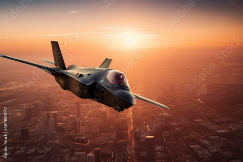 F35 patrol over the city at sunrise. Generative AI