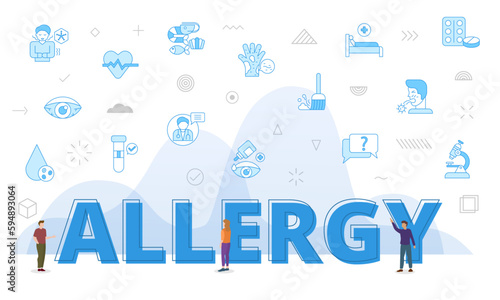 allergy concept with big words and people surrounded by related icon with blue color style