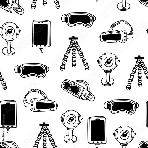 Modern technology seamless vector pattern. VR headset, 3D glasses, webcam, mobile phone, tripod. Virtual and augmented reality. Device for games, video. Simple doodle. Background for packaging, web