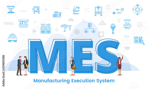 mes concept with big words and people surrounded by related icon with blue color style