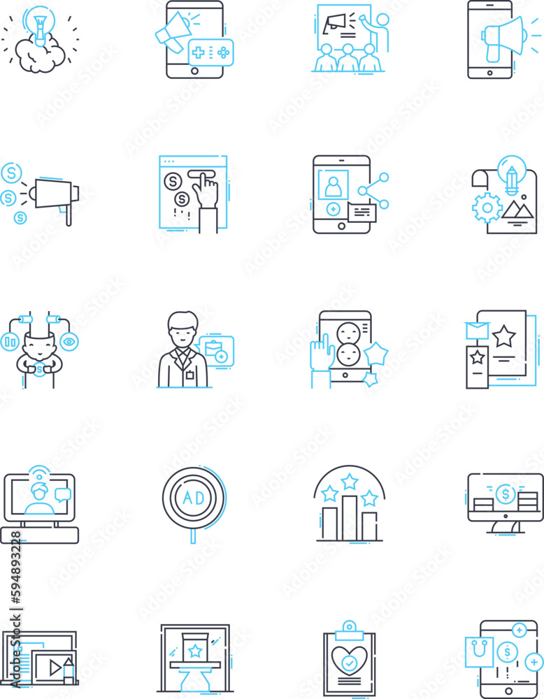 Data analytics linear icons set. Insight, Visualization, Trends, Dashboards, Algorithms, Business Intelligence, Predictions line vector and concept signs. Metrics,Reports,Analysis outline