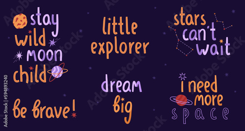 Cosmic lettering set with stars, planet and moon. Vector illustration. Stars can not wait. Cosmonautics Day