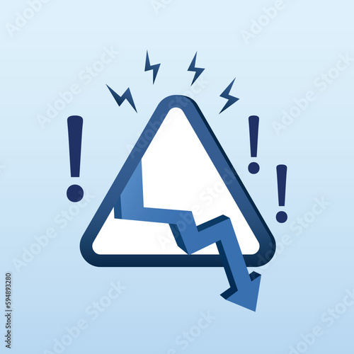 Falling stock market. Warning of economic recession, global economic crisis, decline in income, earnings and profits. Triangle symbol with exclamation marks,