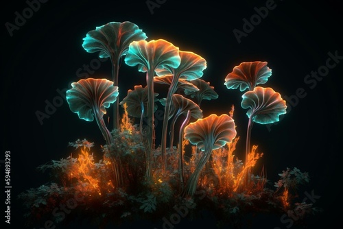 beautiful bunch cordyceps,mushrooms in neon light. The last of us style. Generative AI
