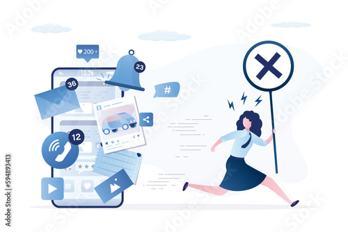 Social network fatigue, addiction. Young woman running away mobile phone.  Stop sharing and using media content, apps and notifications on smartphone screen. Dependence on gadgets.